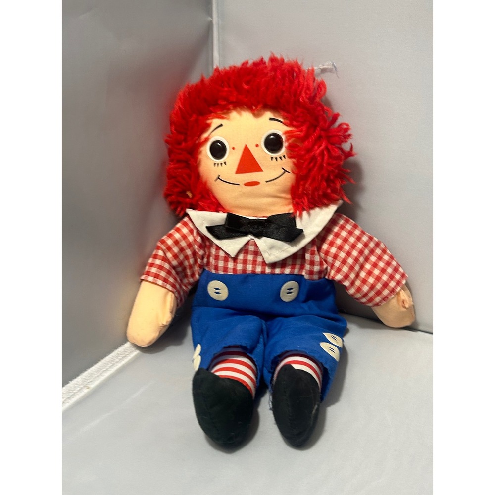 Vintage Raggedy Andy Plush Doll Red Yarn Hair Checkered Shirt Blue Pants 15 inch